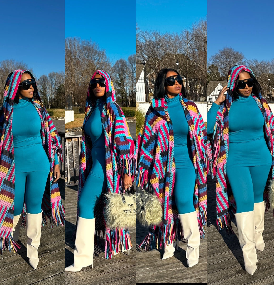 New Rio Hooded Open Front Long Crochet Coat Kimono - Pink Black