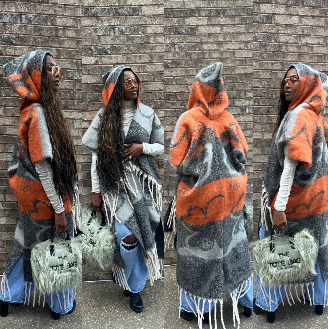 Hooded Winter Open Front Poncho - Grey Orange Black Blend Ships 12 Hooded Winter Open Front Poncho - Grey Orange Black Blend Ships 12