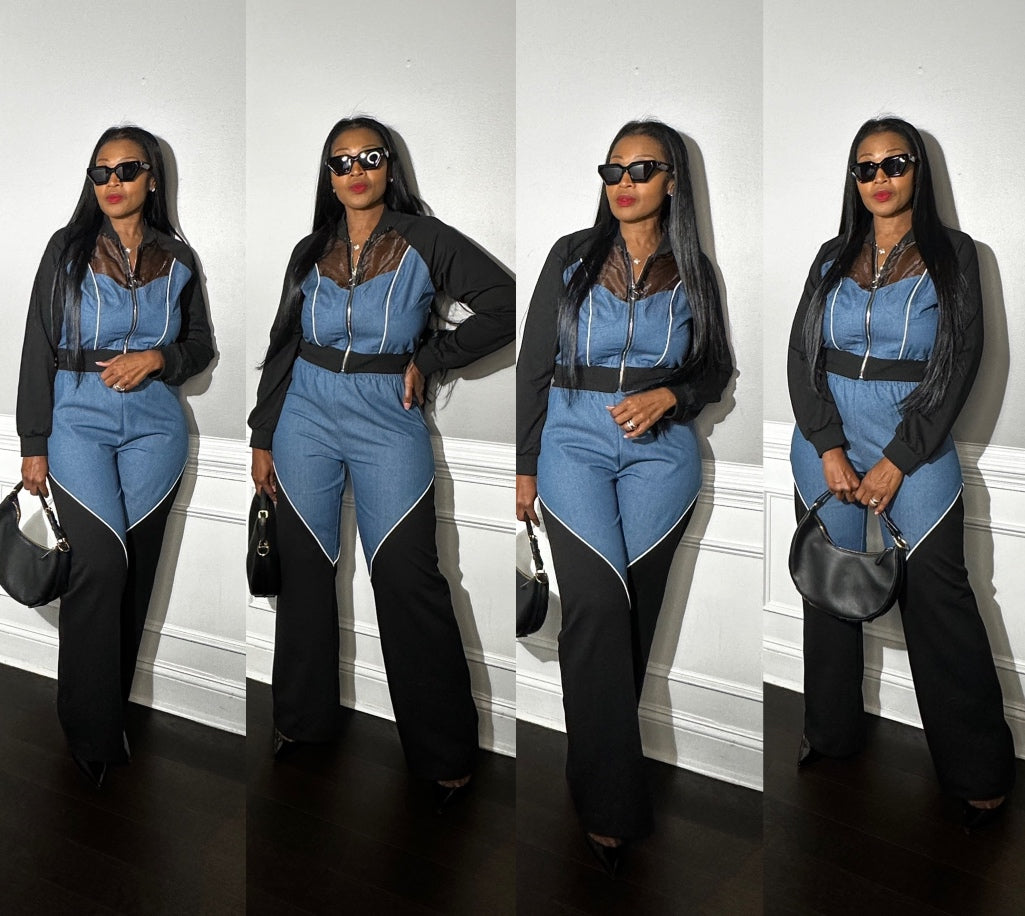 RESTOCKED 2 Piece Denim Mesh Jacket Track Pant Set -Black – All