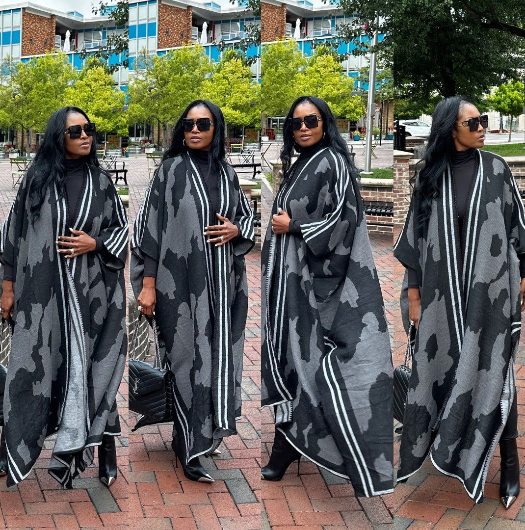 Stone Age Winter Open Front Long Cardigan - Grey Black White