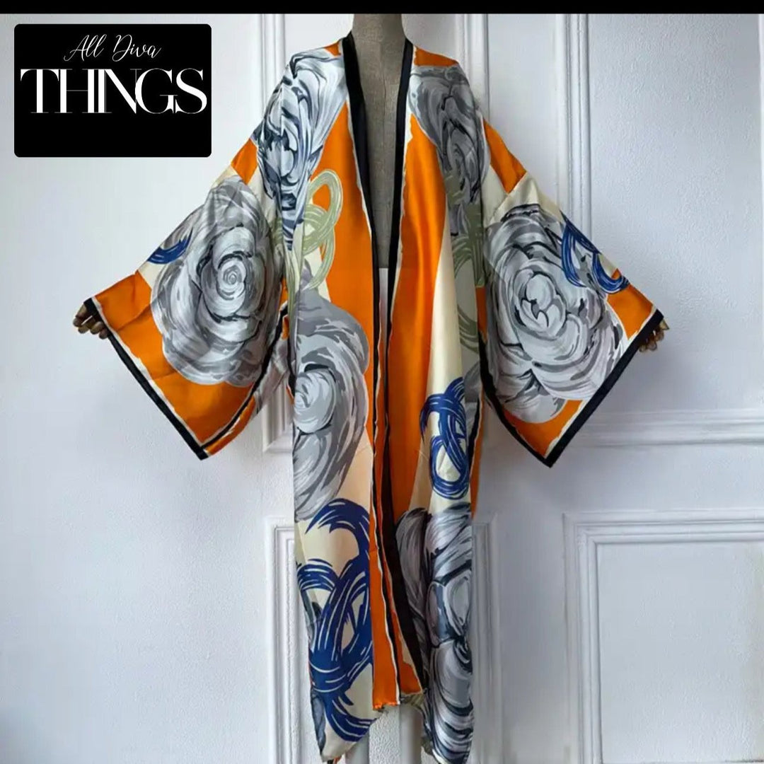 St Barts Satin Open Front Kimono Long Kimono - Silver Orange and Navy Blue Blend Ships 4/15