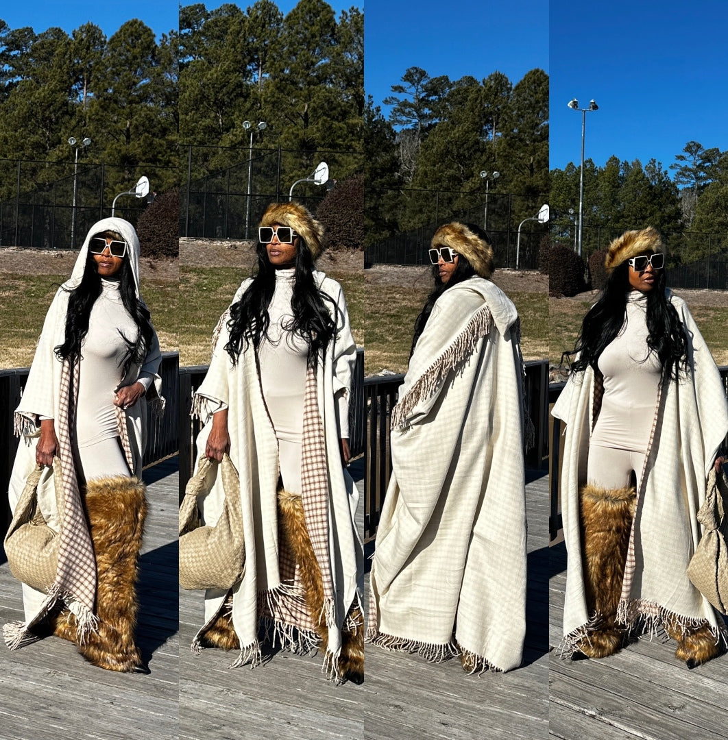 Hooded Poncho - Black Merino - Wide Black White Stripe Sleeve - Pre-Order main image 1