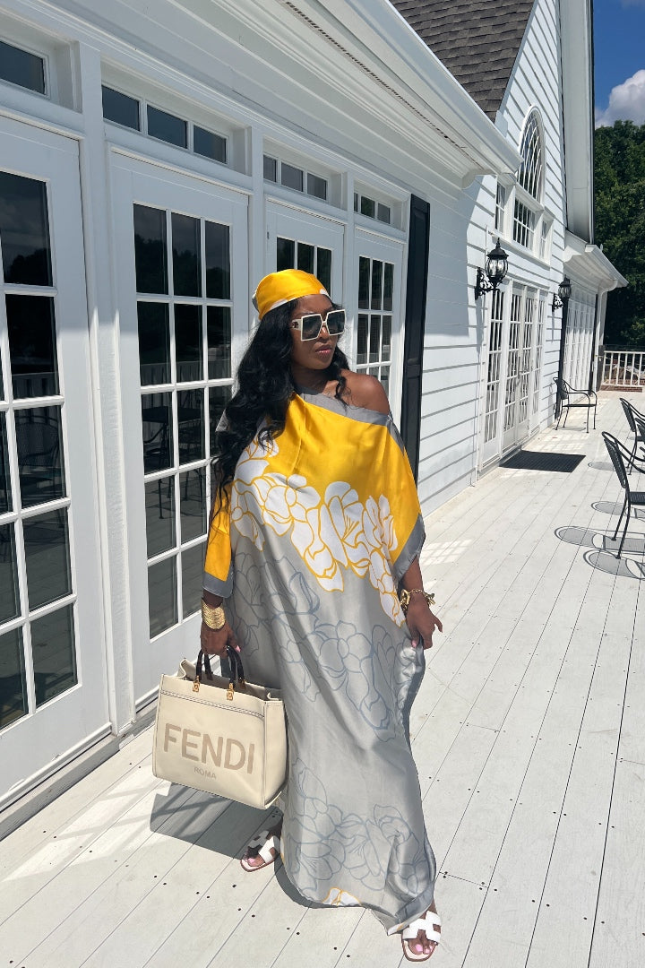 RESTOCKED Rich Auntie Satin Kaftan Maxi with Matching Scarf- Silver Gold and White Blend Ships 5/28