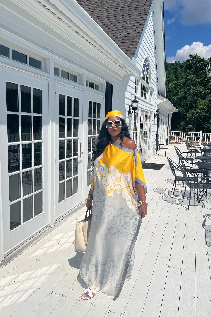 RESTOCKED Rich Auntie Satin Kaftan Maxi with Matching Scarf- Silver Gold and White Blend Ships 5/28