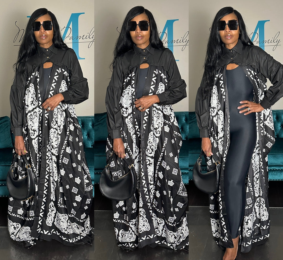 Remix Shirt and Open Front Satin Kimono - Black White Blend Ships 10/20