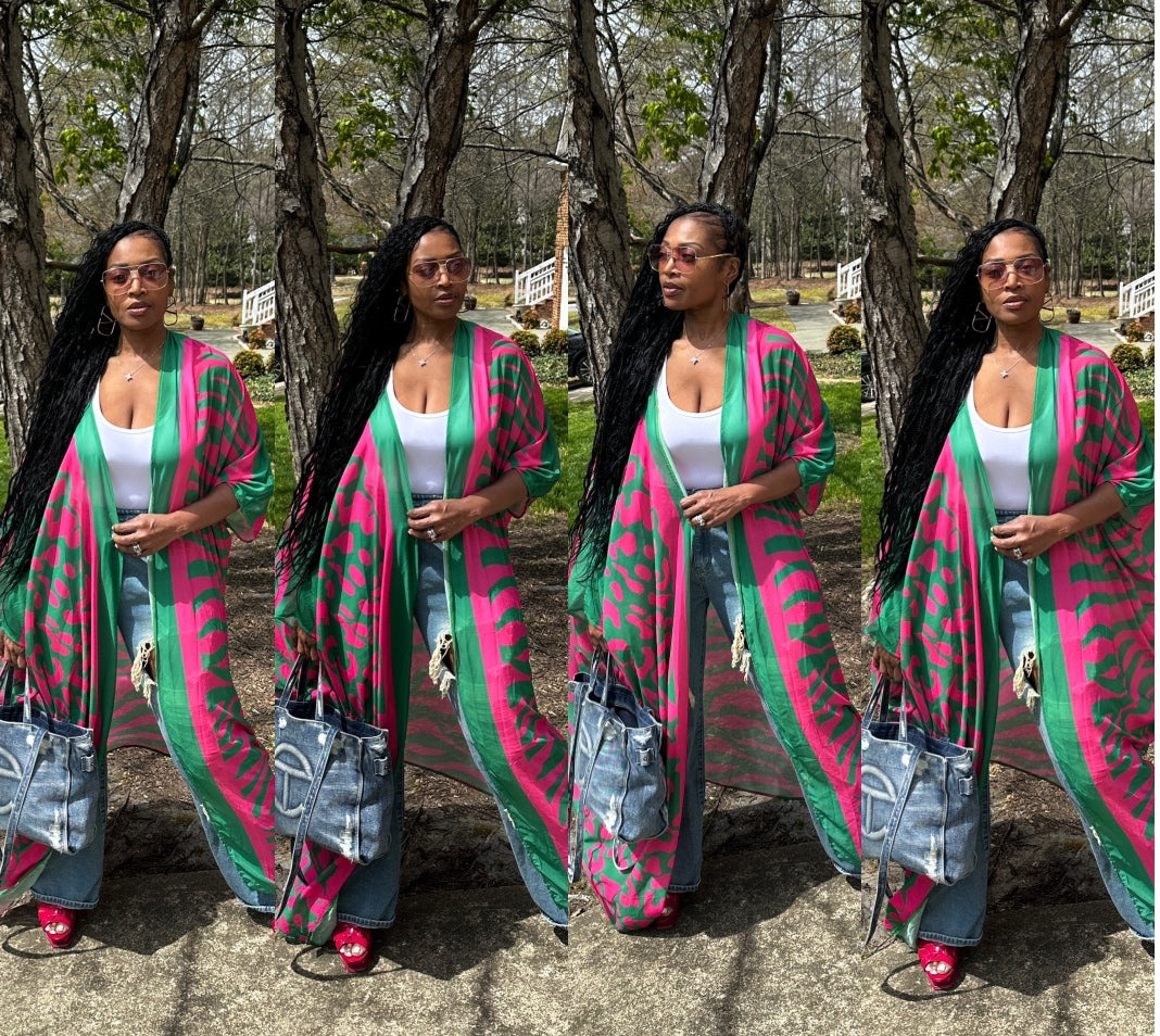 Hot Pink and Green Open Front Long Kimono Ships 2/17 – All Diva Things