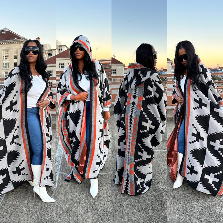 RESTOCKED Hooded Winter Open Front Poncho - Grey Orange and Black Blend Ships 5/7