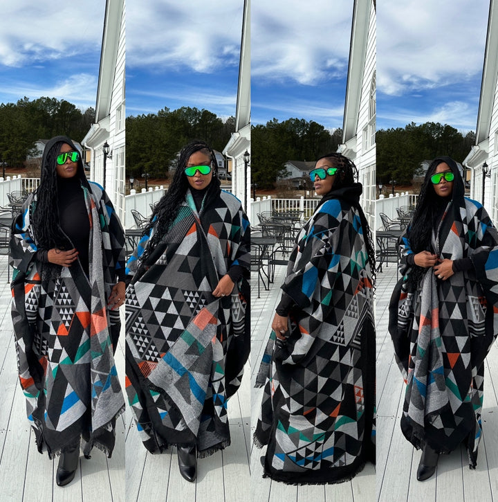 Restocked Hooded Winter Open Front Poncho - Black Grey Blue Green Blend Ships 5/14