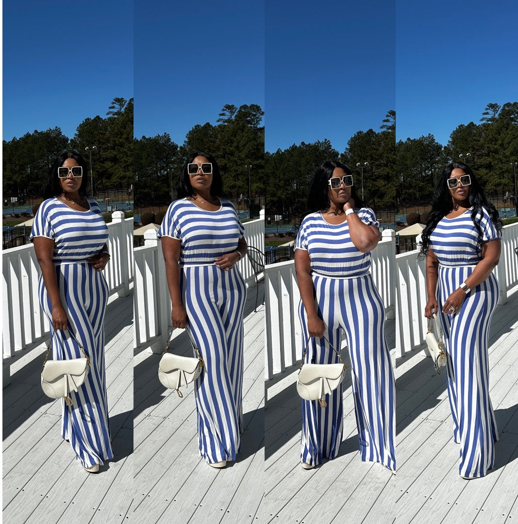 Blue and white striped jumpsuit on sale