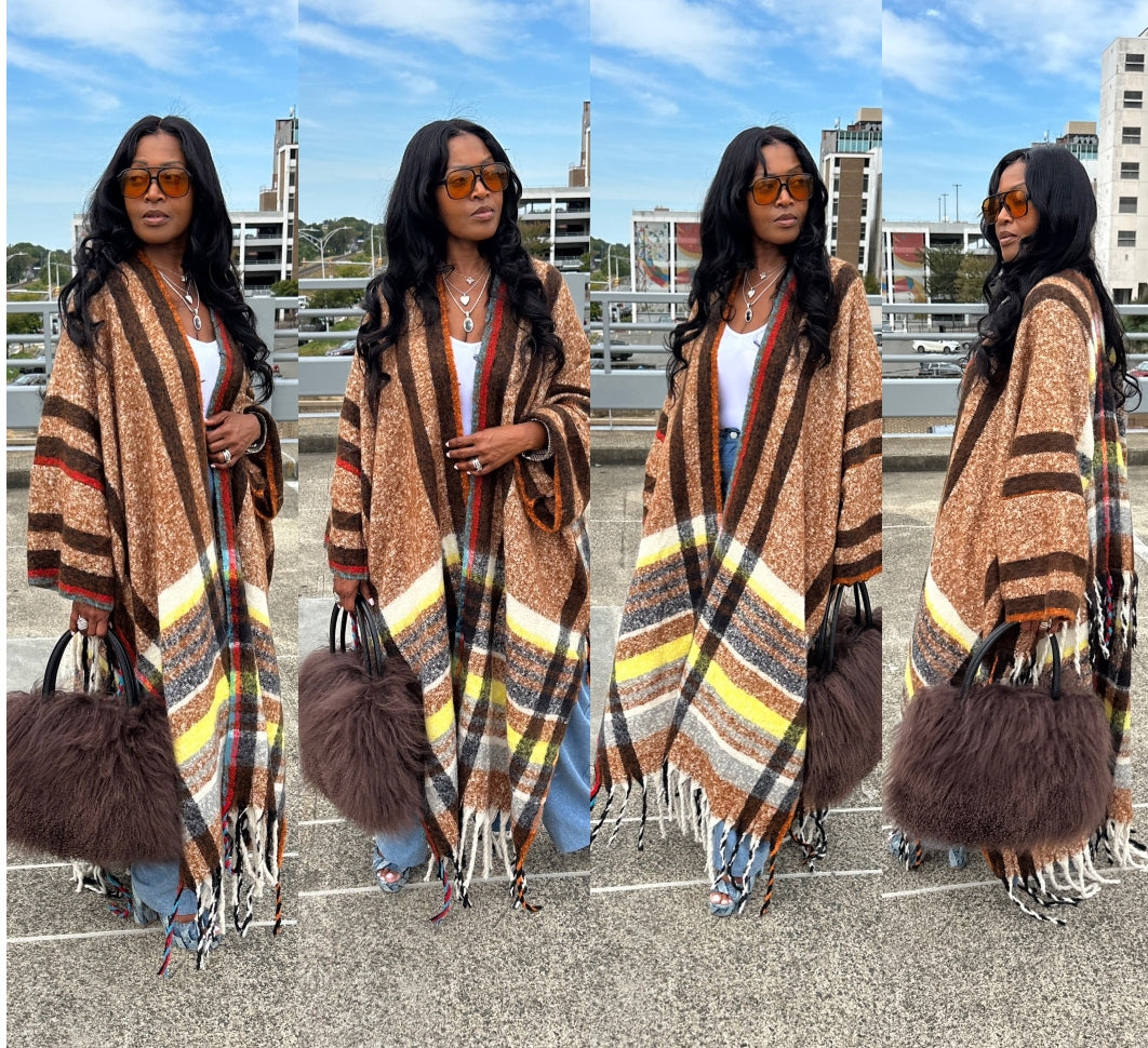 Rich Auntie Winter Open Front Long Kimono - Chocolate Brown Plaid