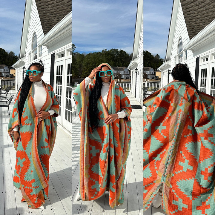 RESTOCKED Hooded Winter Open Front Poncho - Burnt Orange Turquoise Tan Blend Ships 5/7