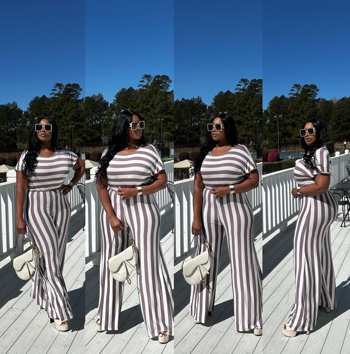Mushroom And White Striped Flowy Wide Leg Jumpsuit