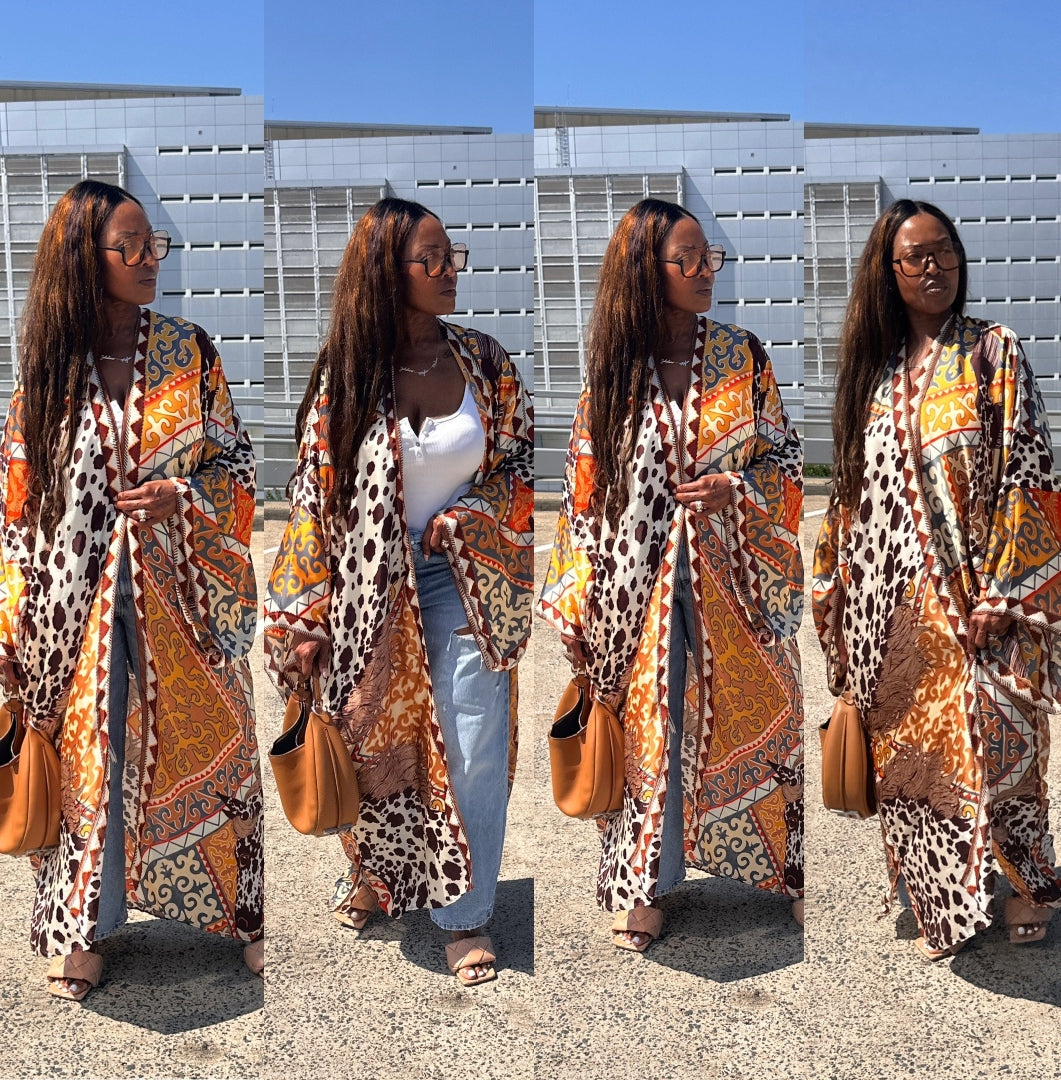 Rio Open Front Kimono Long Kimono - Chocolate Tan Cow Print Blend