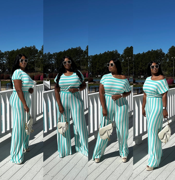 Mint And White Striped Flowy Wide Leg Jumpsuit