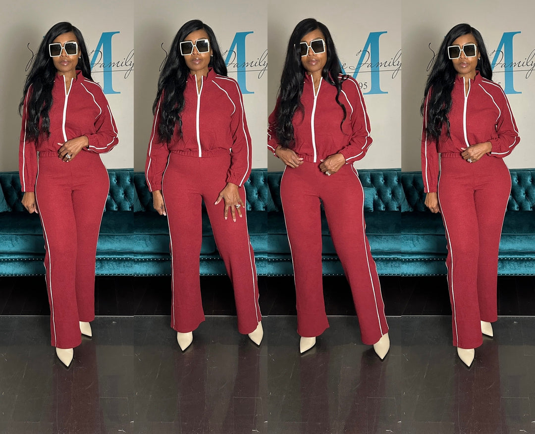Very Essential Piped Track Suit Set - Burgundy with White Piping