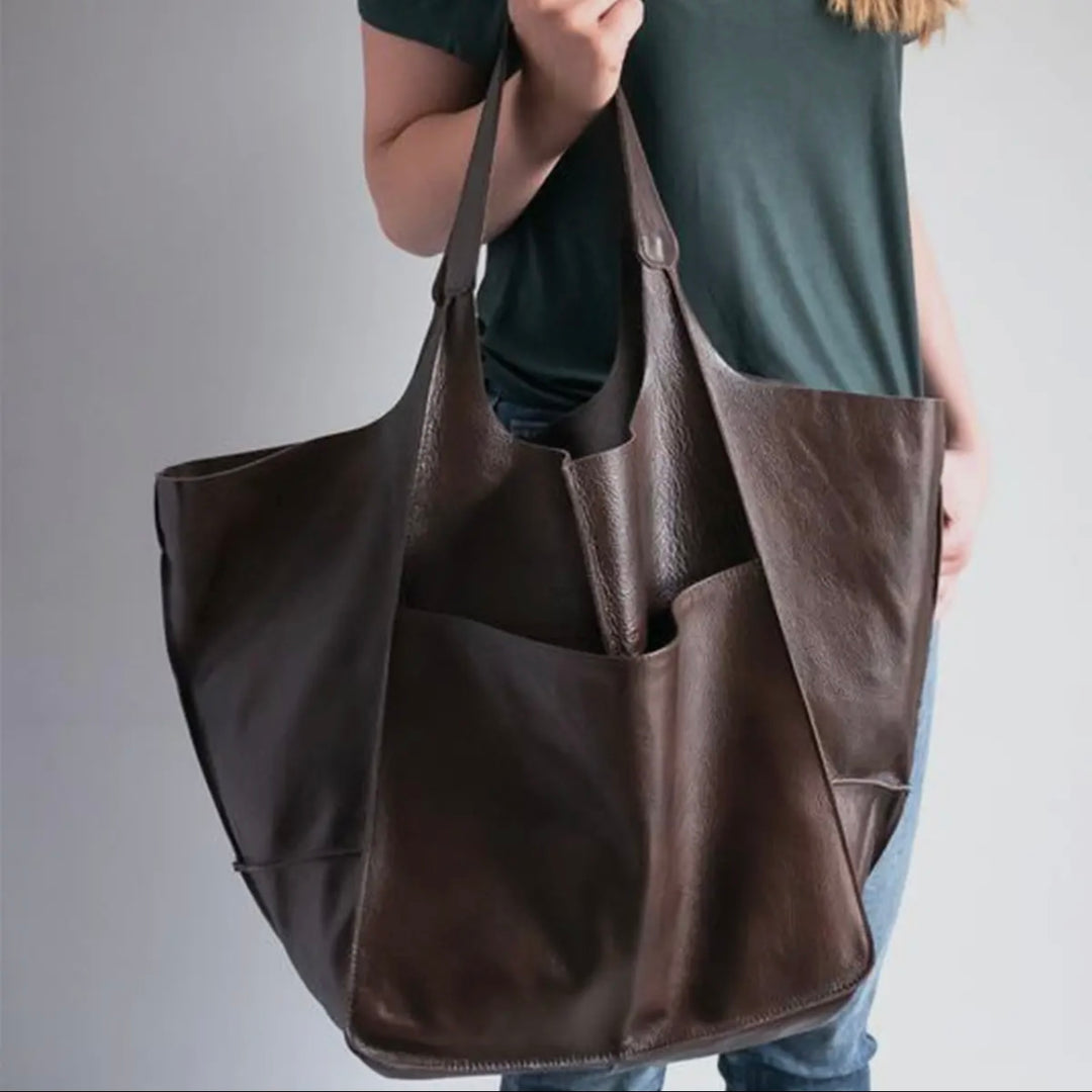 Fall Oversized Vegan Leather Tote - Chocolate