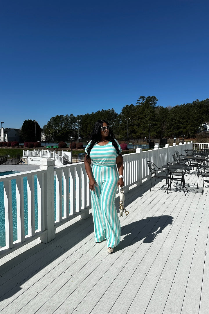 Mint And White Striped Flowy Wide Leg Jumpsuit