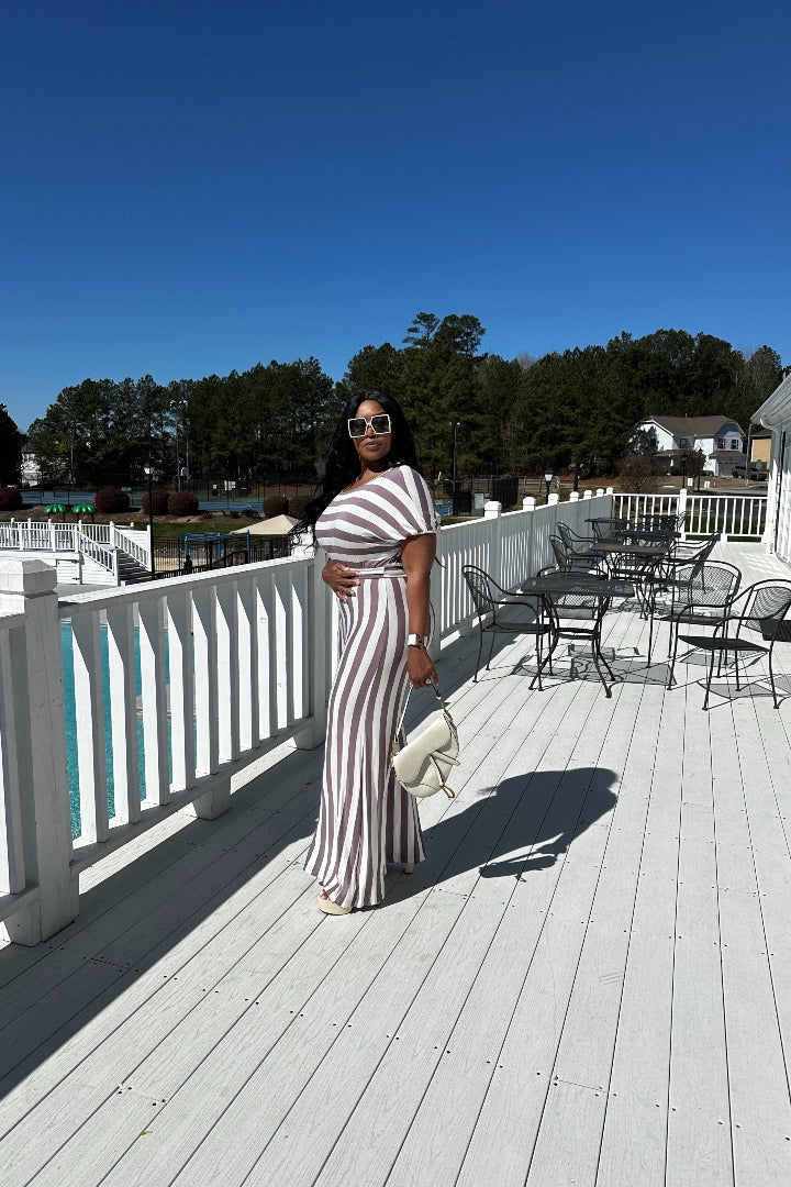 Mushroom And White Striped Flowy Wide Leg Jumpsuit