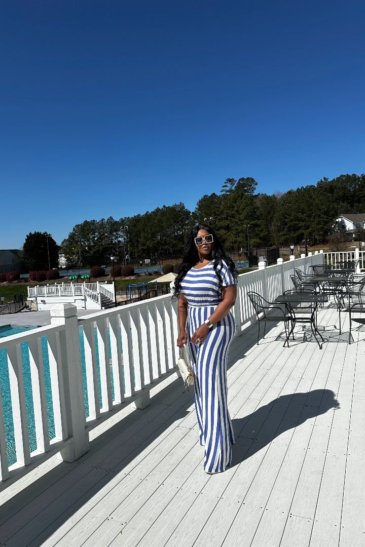 Royal Blue And White Striped Flowy Wide Leg Jumpsuit