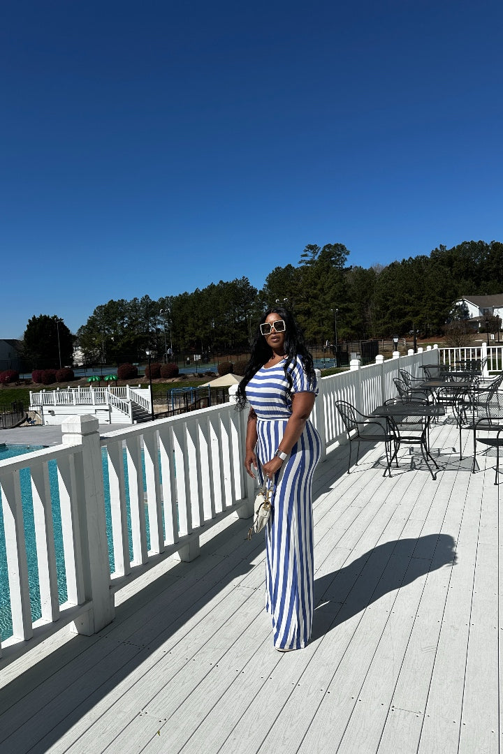 Royal Blue And White Striped Flowy Wide Leg Jumpsuit