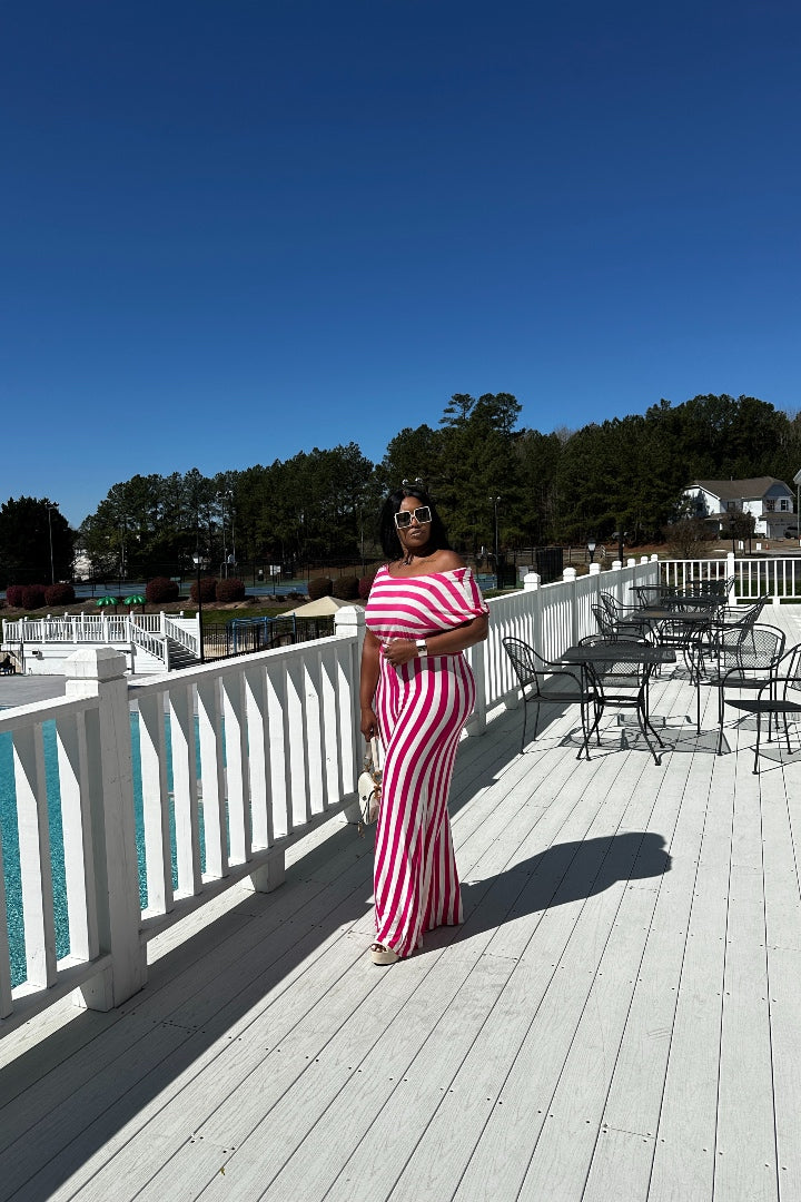 Fuchsia And White Striped Flowy Wide Leg Jumpsuit