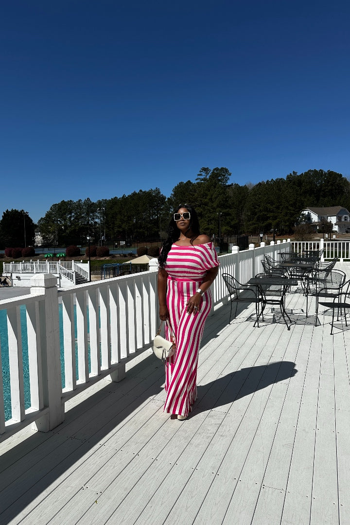 Fuchsia And White Striped Flowy Wide Leg Jumpsuit