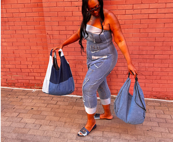 Denim hobo purse with leather wrapped handle