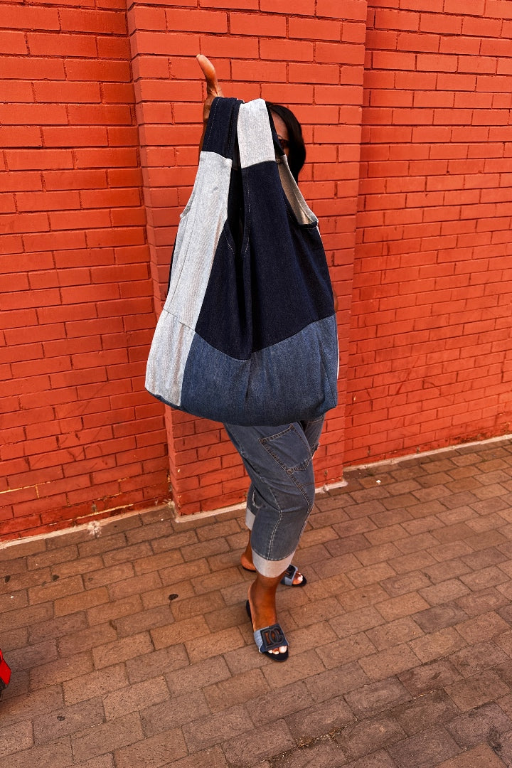Denim hobo purse with leather wrapped handle