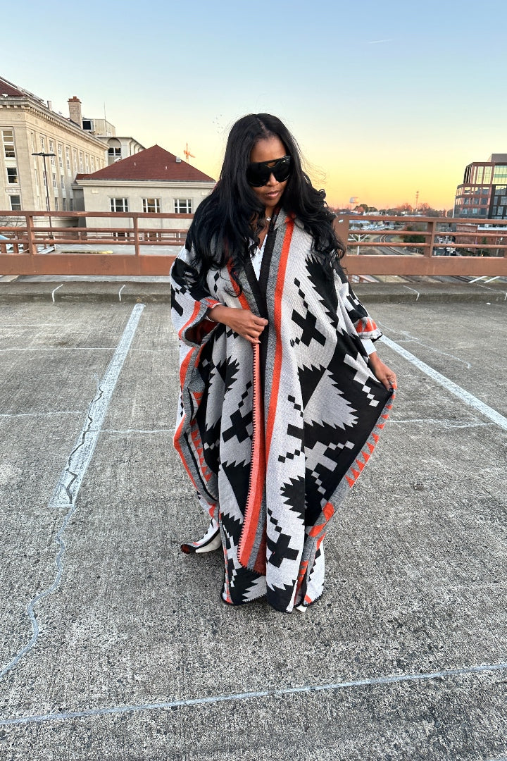 RESTOCKED Hooded Winter Open Front Poncho - Grey Orange and Black Blend Ships 5/14
