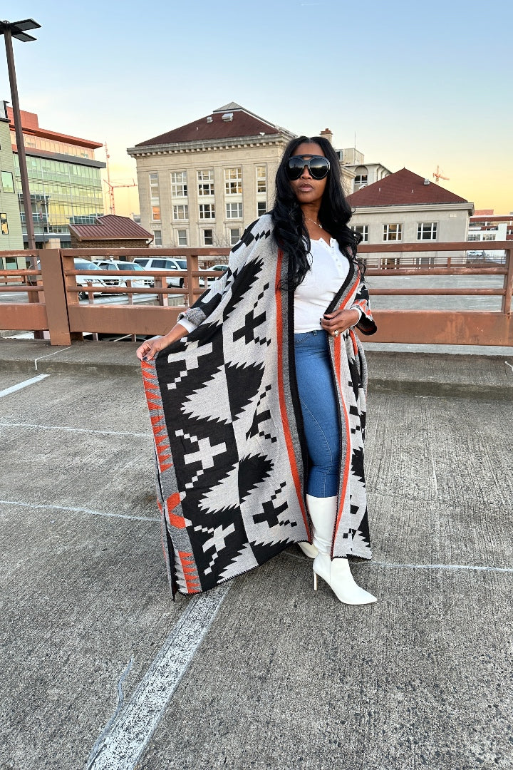 RESTOCKED Hooded Winter Open Front Poncho - Grey Orange and Black Blend Ships 5/8