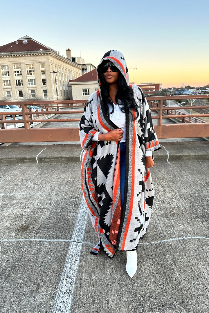 RESTOCKED Hooded Winter Open Front Poncho - Grey Orange and Black Blend Ships 5/7