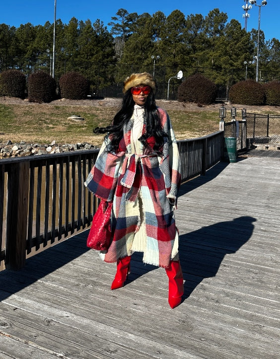New Ivy League Open Front Long Checkered Belted Print Kimono - Red Mint Royal Blue Blend Ships 11/4