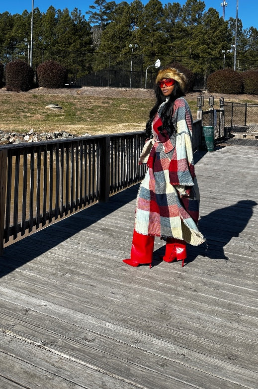 New Ivy League Open Front Long Checkered Belted Print Kimono - Red Mint Royal Blue Blend Ships 11/4