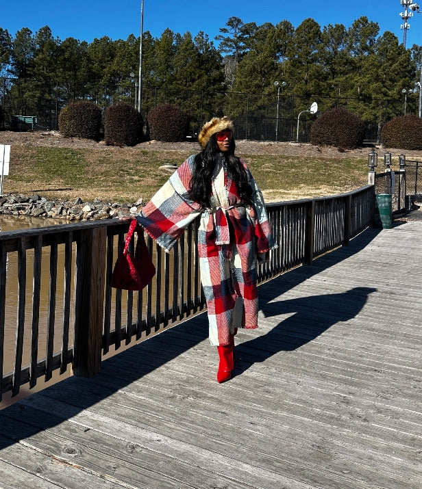 New Ivy League Open Front Long Checkered Belted Print Kimono - Red Mint Royal Blue Blend Ships 11/4