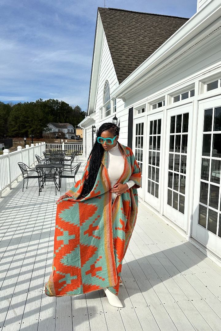 RESTOCKED Hooded Winter Open Front Poncho - Burnt Orange Turquoise Tan Blend Ships 5/28