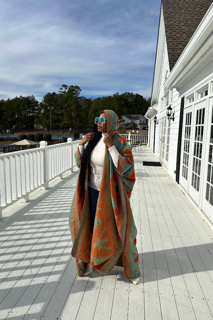 RESTOCKED Hooded Winter Open Front Poncho - Burnt Orange Turquoise Tan Blend Ships 5/7