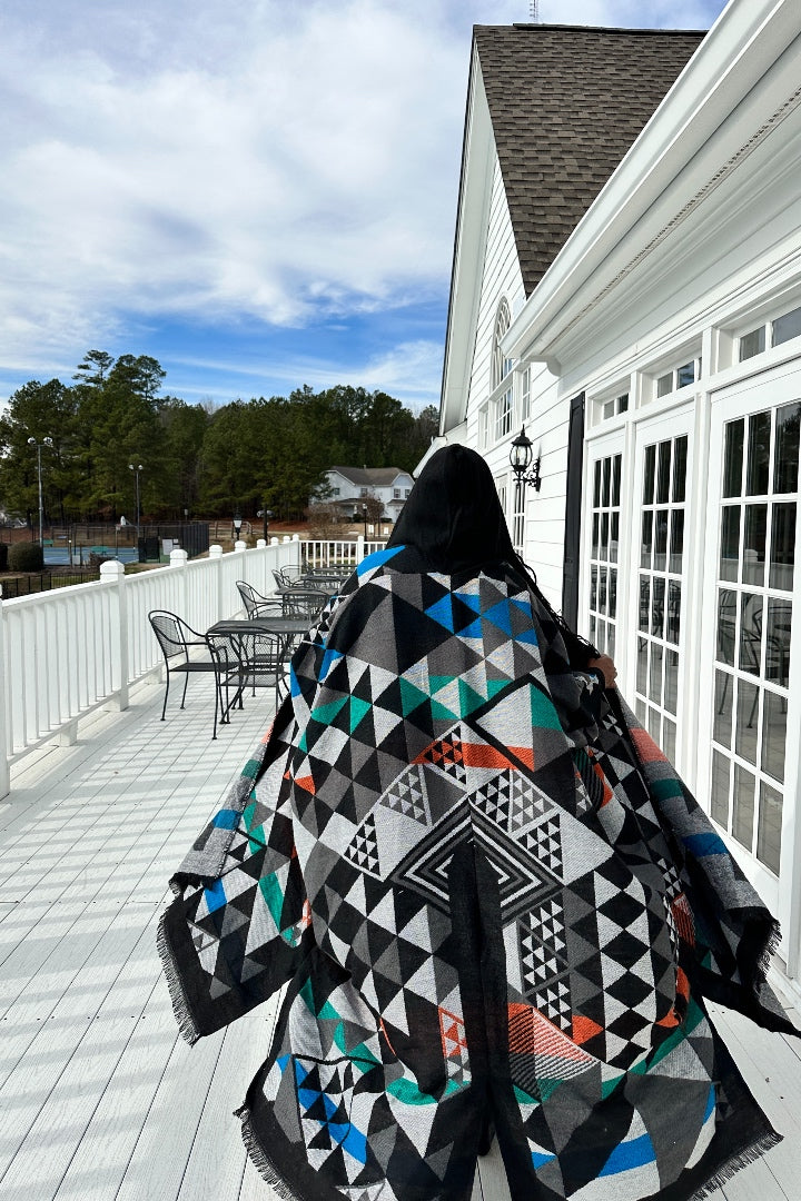 Restocked Hooded Winter Open Front Poncho - Black Grey Blue Green Blend Ships 5/8