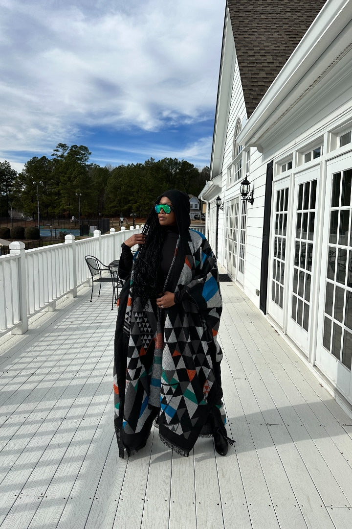 Restocked Hooded Winter Open Front Poncho - Black Grey Blue Green Blend Ships 5/28