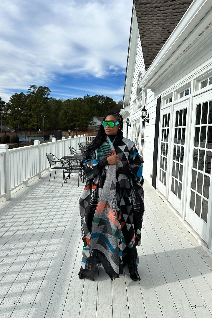 Restocked Hooded Winter Open Front Poncho - Black Grey Blue Green Blend Ships 4/30