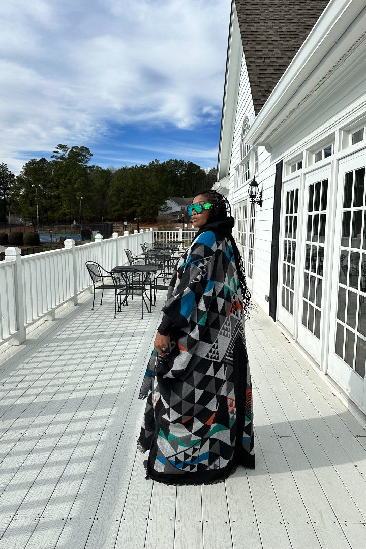 Restocked Hooded Winter Open Front Poncho - Black Grey Blue Green Blend Ships 4/30