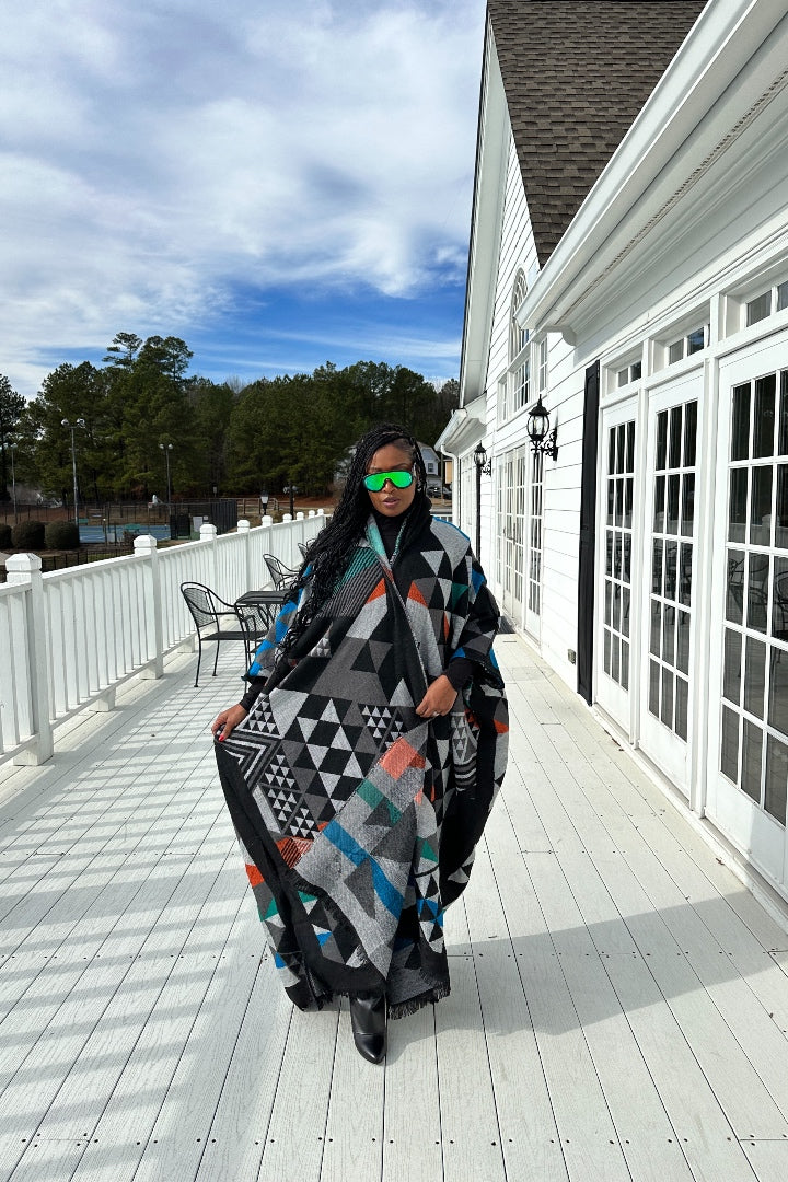 Restocked Hooded Winter Open Front Poncho - Black Grey Blue Green Blend Ships 5/8