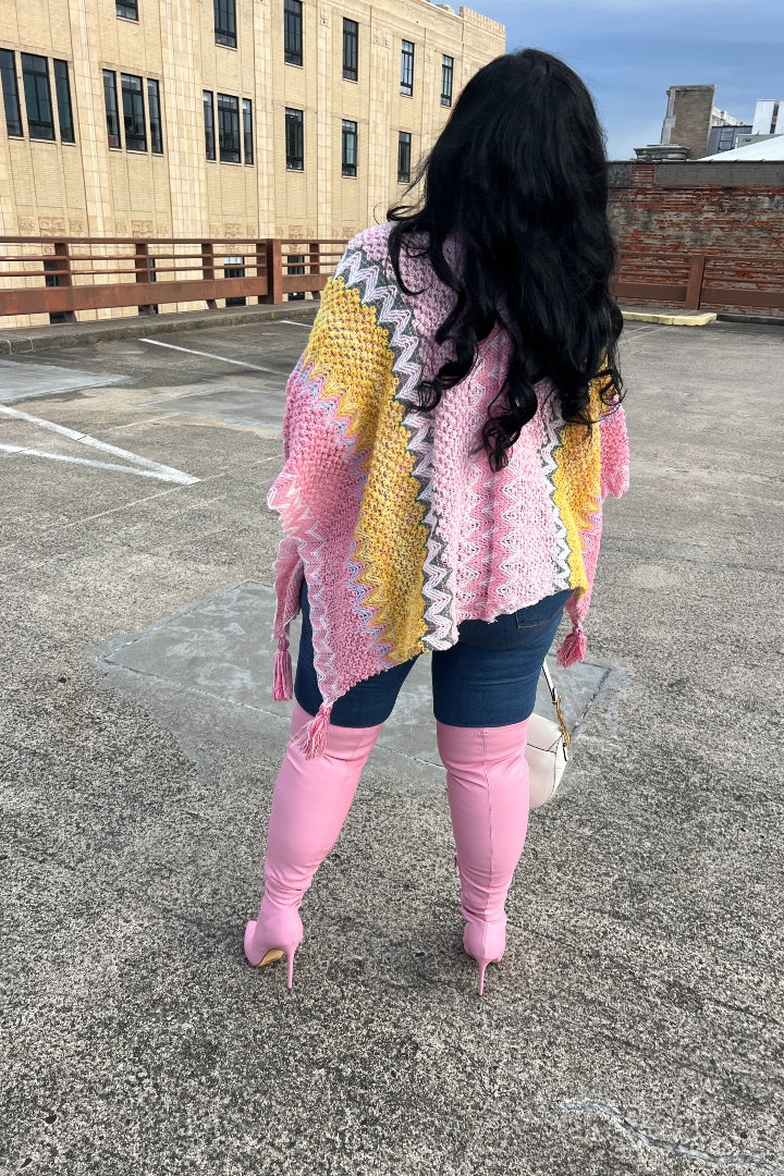 Rich Auntie Winter Open Front Poncho - Pink Yellow Cream Blend