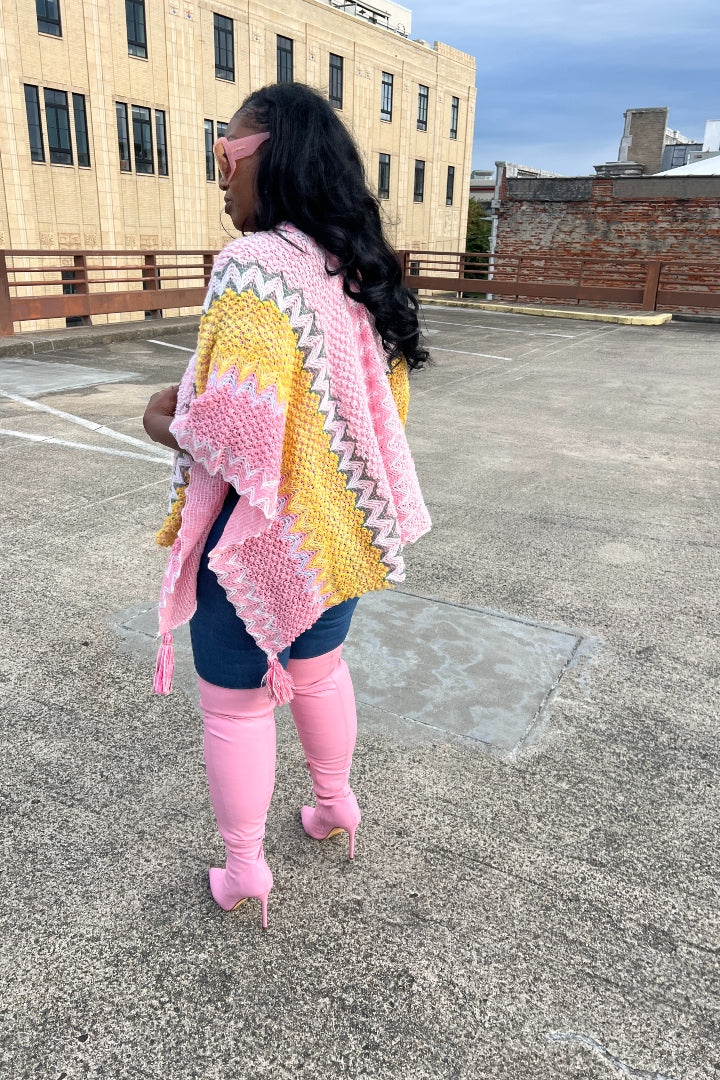 Rich Auntie Winter Open Front Poncho - Pink Yellow Cream Blend