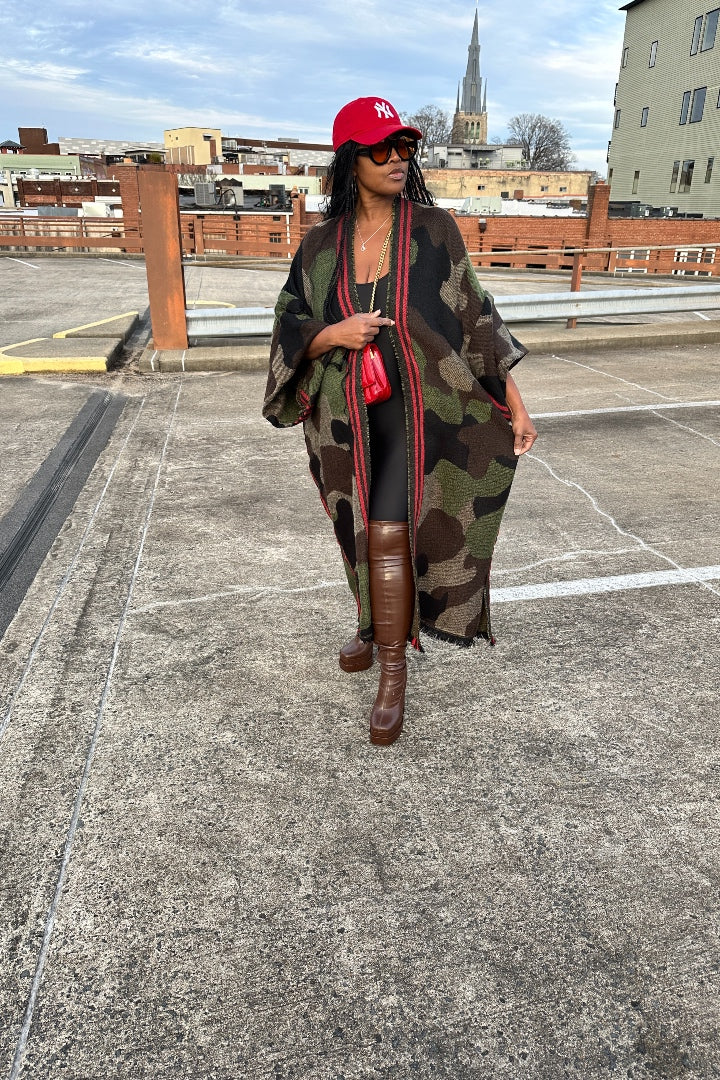 RESTOCKED Camo Is The New Black Winter Open Front Long Cardigan - Black Chocolate Brown Olive Blend Ships 5/10