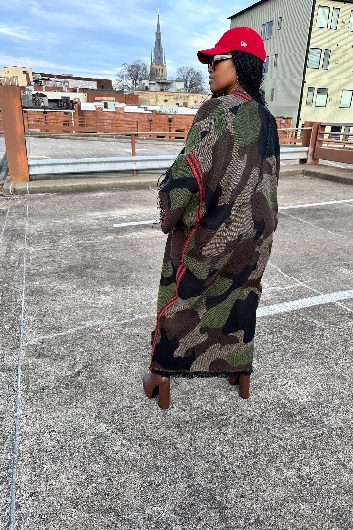 RESTOCKED Camo Is The New Black Winter Open Front Long Cardigan - Black Chocolate Brown Olive Blend Ships 5/7