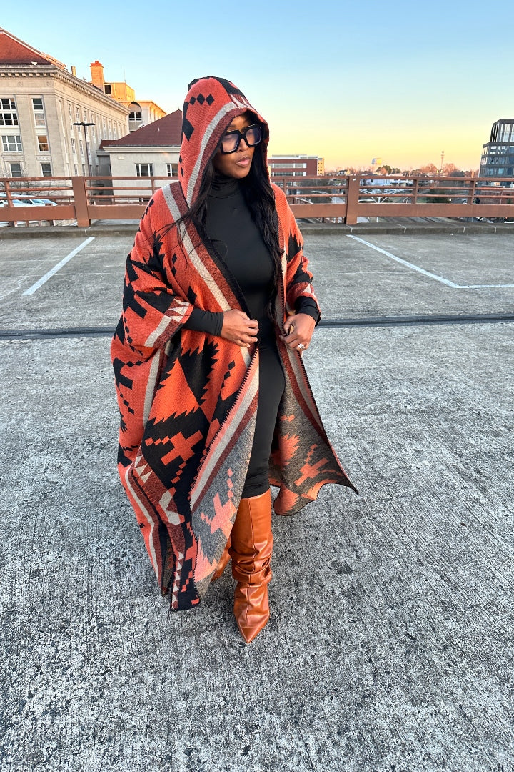 RESTOCKED Hooded Winter Open Front Poncho - Cinnamon Chocolate Black Taupe Blend Ships 5/28