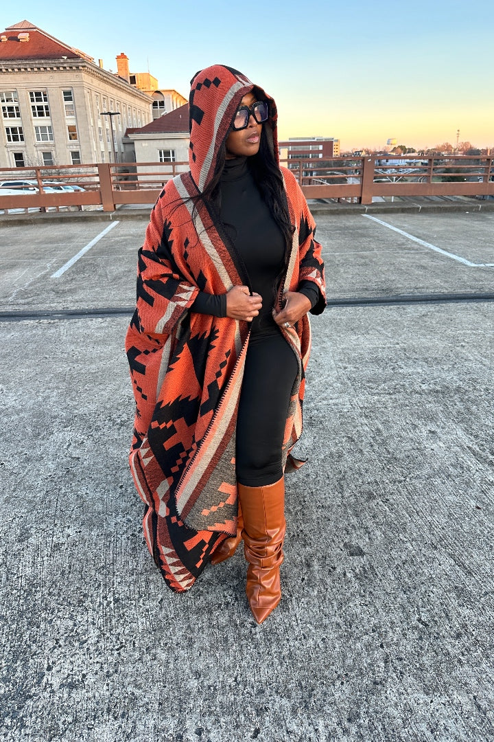 RESTOCKED Hooded Winter Open Front Poncho - Cinnamon Chocolate Black Taupe Blend Ships 5/28