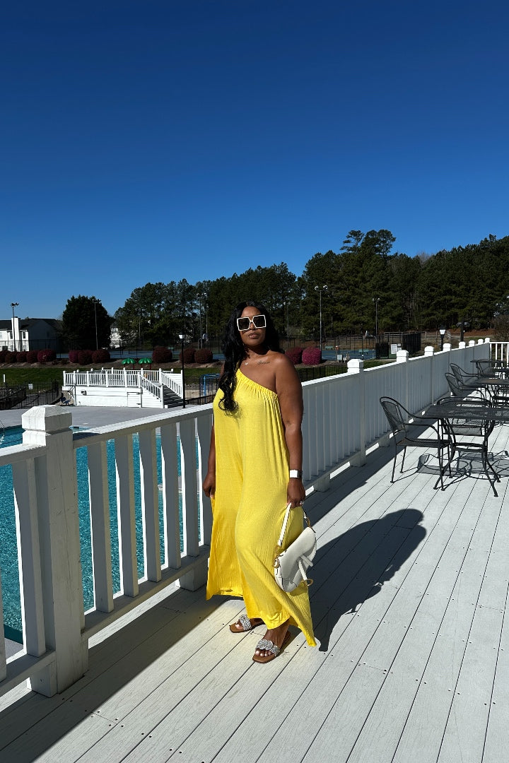 Spring One Shoulder Asymetrical Strap  Jumpsuit - Spring Yellow