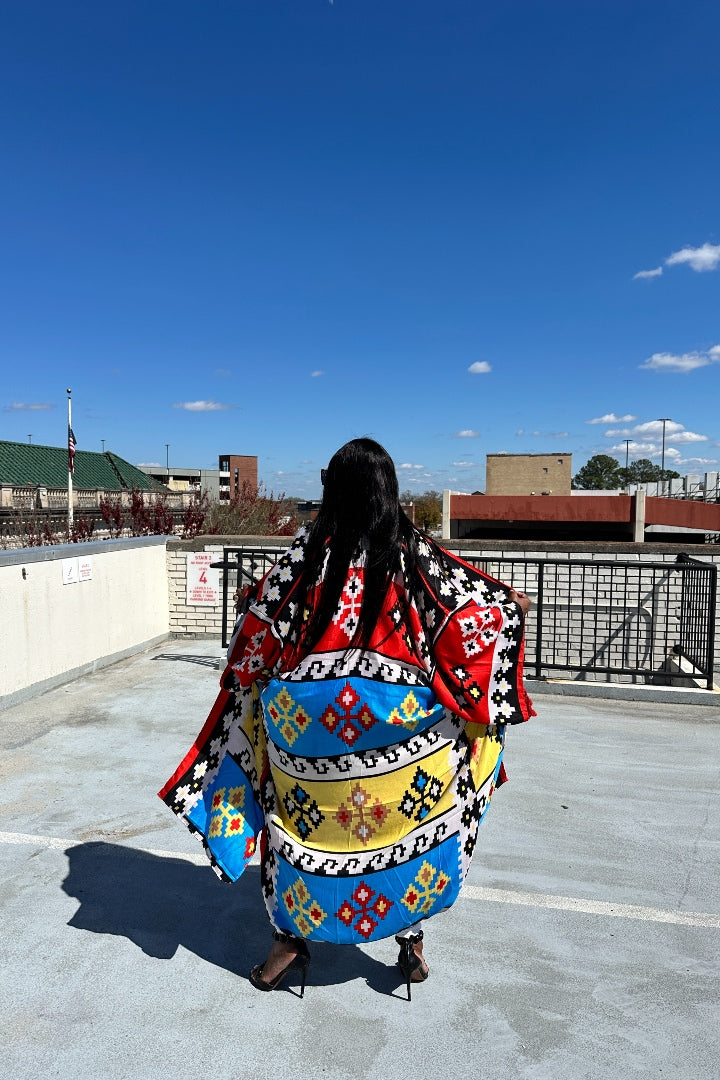 Santa Fe' Open Front Long Kimono - Red Yellow Turquoise Blend