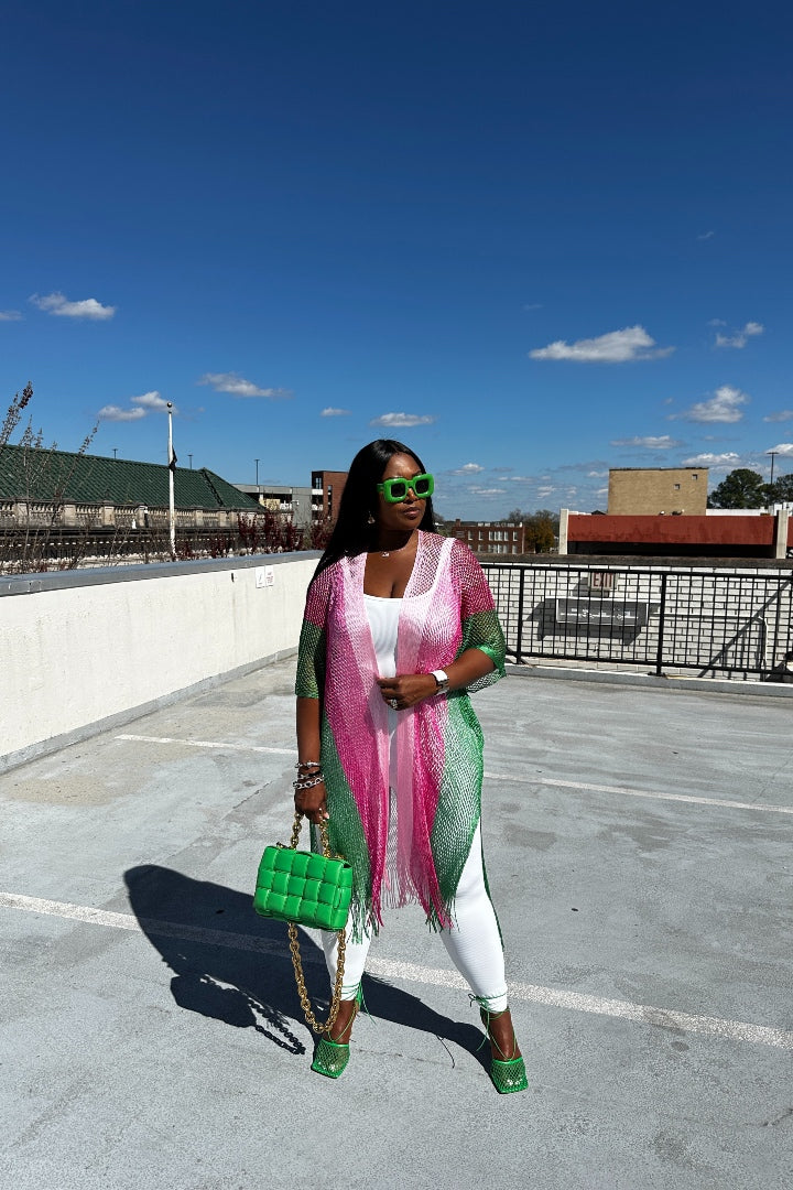 Pink and Green Open Front Duster